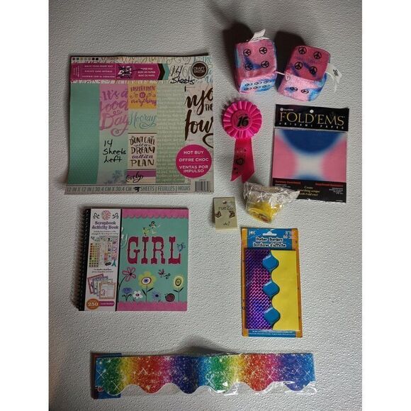Girls Assorted Items, Fuzzy Dice, Scrapbook Paper, Origami Paper, Earrings - Picture 1 of 16
